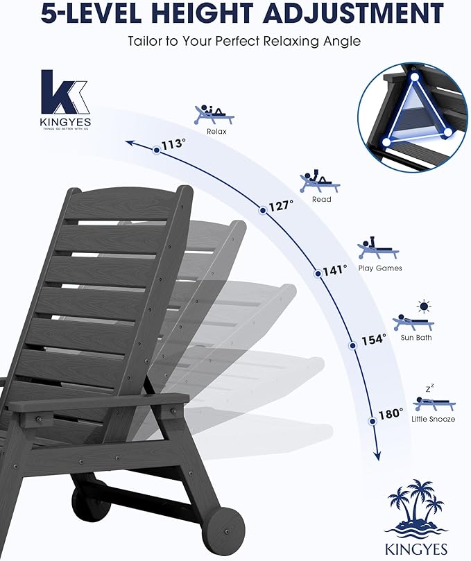 KINGYES HDPE Lounge Chair Outdoor Set of 2, Patio Chaise Lounge Recliner