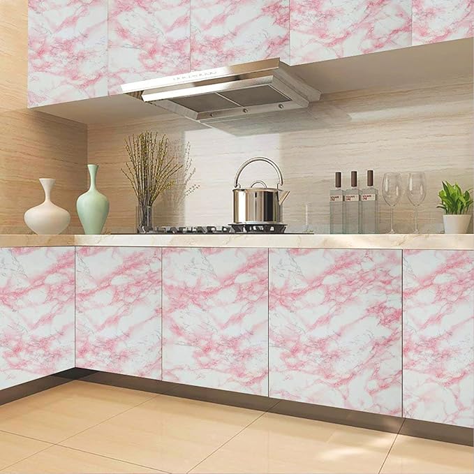 practicalWs 15.7 in × 118 in White Pink Marble Stick Paper Peel and Stick