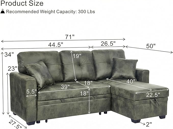L Shaped Sectional Couch with Storage and Pull Out Bed, 3 Seater Sleeper Sofas