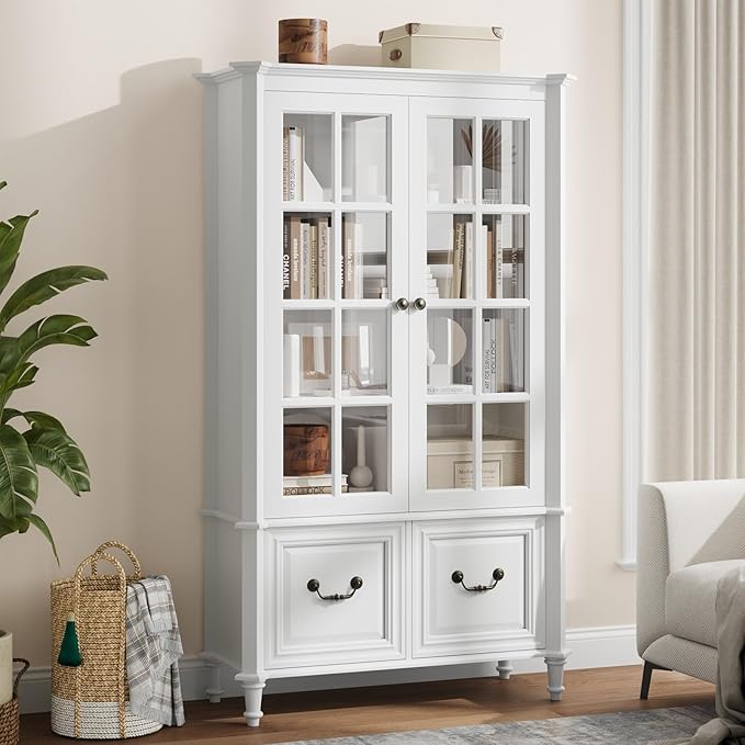 QUW 63" Tall Bookshelf with Glass Doors and Solid Wood Legs, Modern Book Shelf