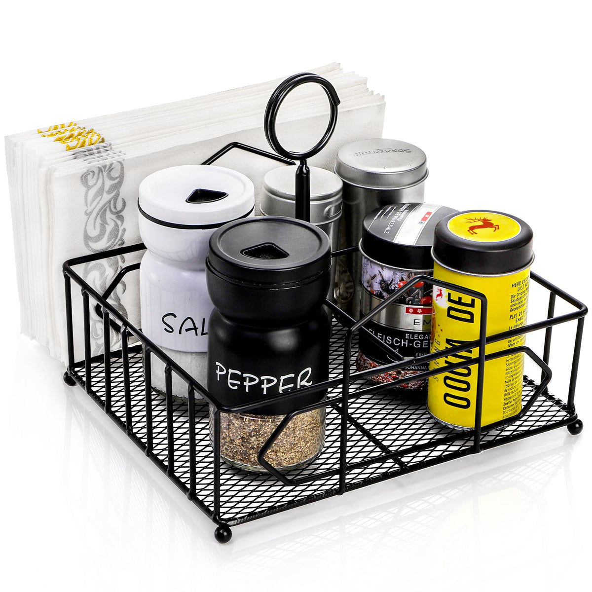 ZOOFOX Metal Napkin Holder with Salt and Pepper Shakers, 2-in-1 Condiment Holder for Table, 4 Compartment Restaurant Wrought Iron Condiment Rack for Party, Camping, Picnic