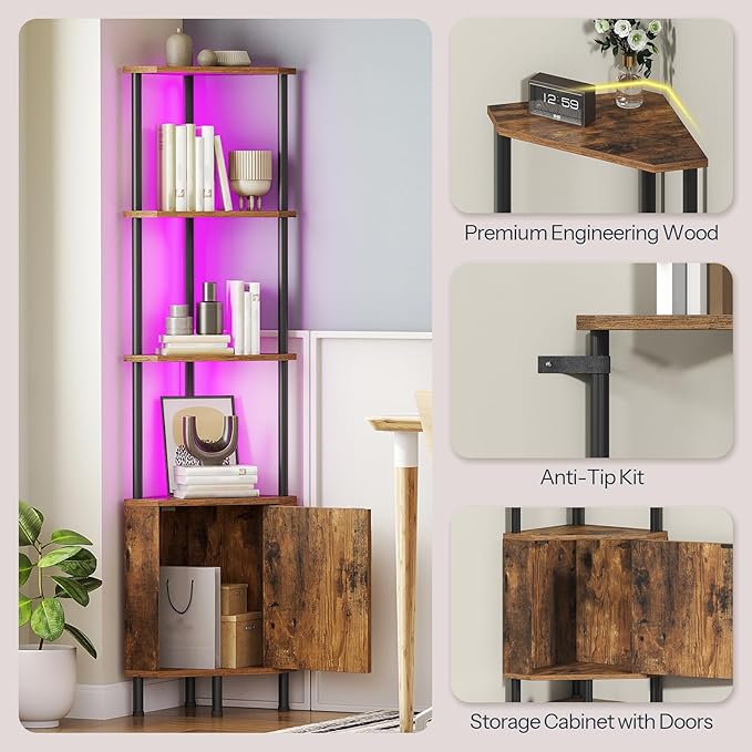 HOOBRO Corner Cabinet with LED Light, Corner Shelf Stand with Storage and Doors