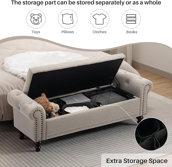 SOFTHION 58.1" Storage Bench Upholstered Linen End of Bedroom Bed Bench Ottoman