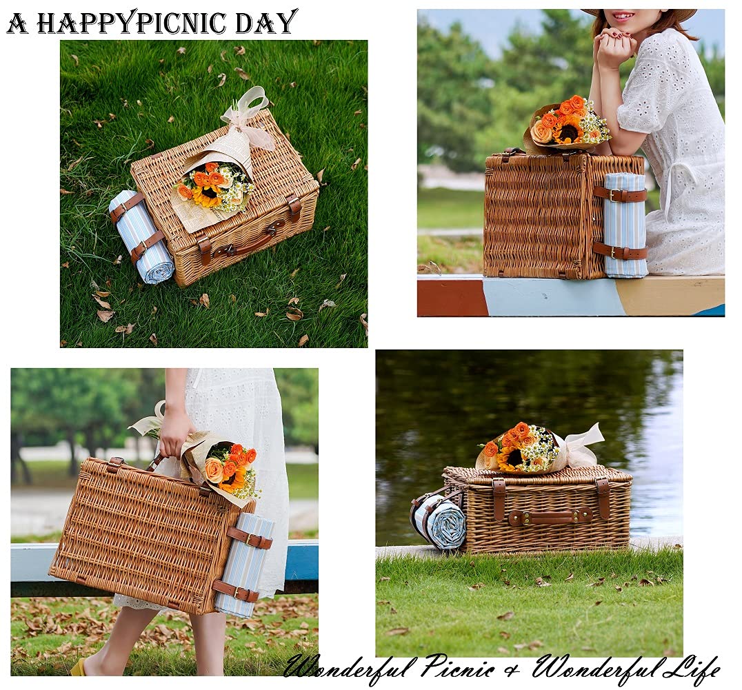 Picnic Basket Set for 2 Persons, Willow Hamper with Large Insulated Cooler Compartment, Waterproof Blanket and Cutlery Service Kit-Classical Brown
