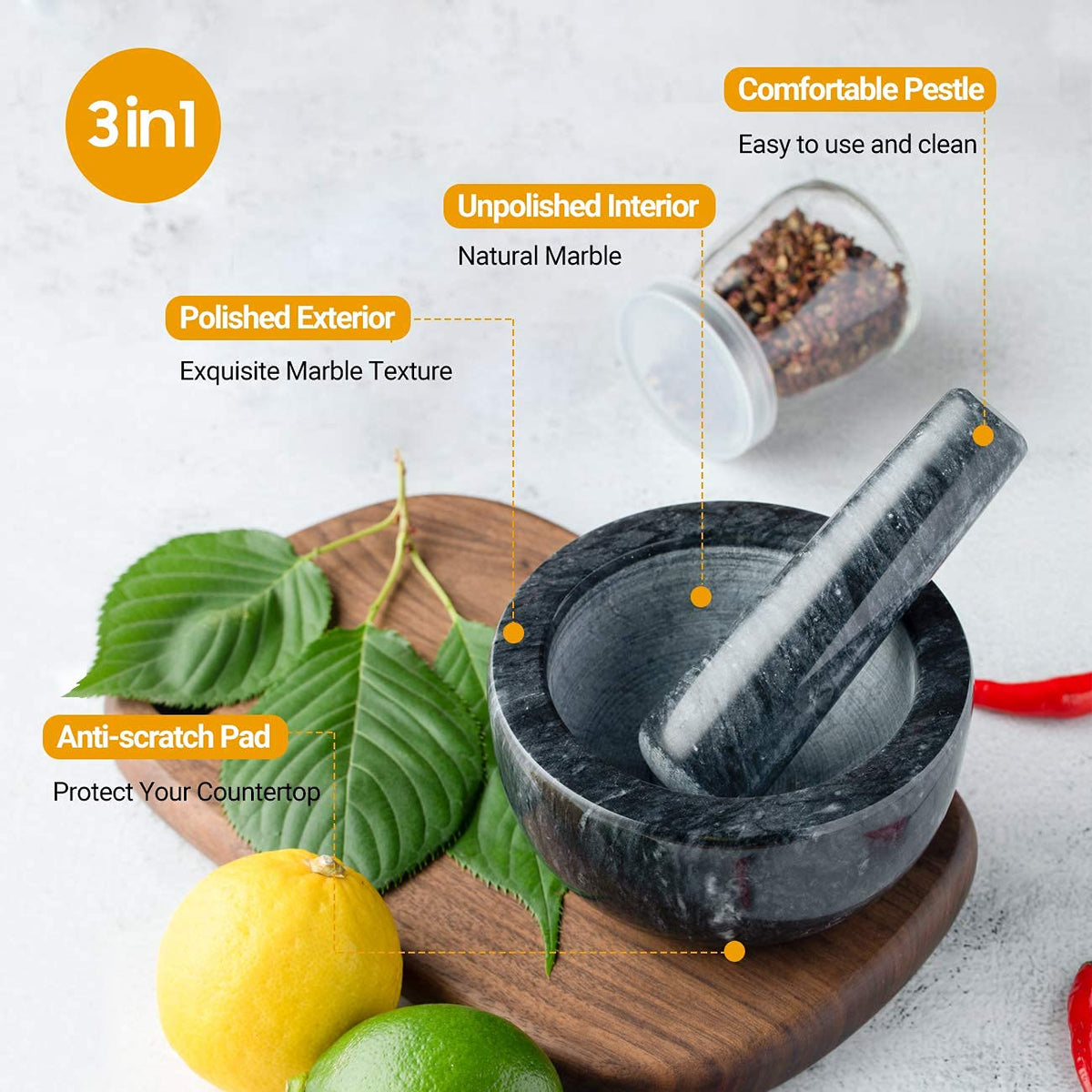 Tera Marble Mortar and Pestle Set Small Bowl Solid Stone Grinder Spice Herb Grinder Pill Crusher (Black, Diameter 4.64")