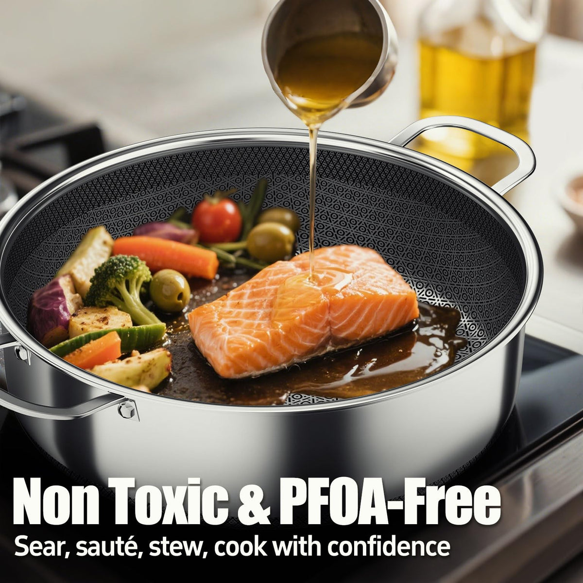6 QT Stainless Steel Stock Pot with Lid, 10-inch Sauce Pan Induction Cookware, PFOA Free 5-Ply Simmer Pot with Non Stick Coating, Dual Ear Handles Cooking Pot Oven & Dishwasher Safe Easy to Clean