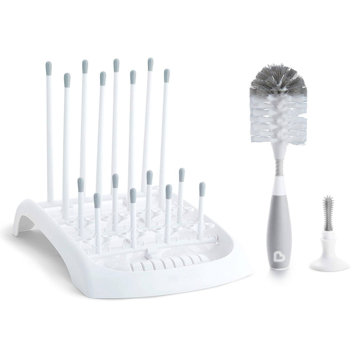 Munchkin Fold Baby Bottle Drying Rack and Bristle Bottle Brush Cleaning Essentials Set, White/Grey