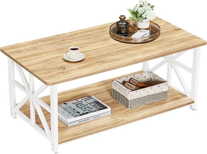 GreenForest Coffee Table with Round Corner, Farmhouse Center Table with 2-Tier