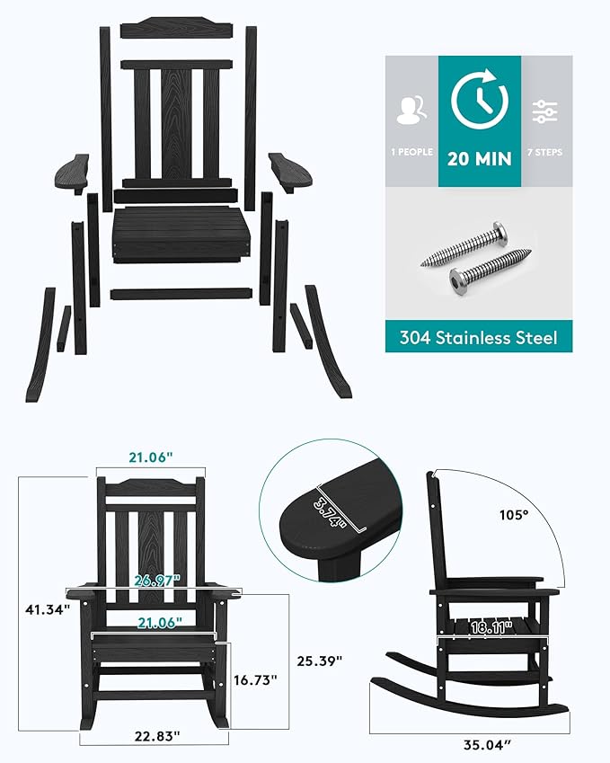 SERWALL Black Outdoor Rocking Chair Set of 2, All Weather Patio Rocking Chair