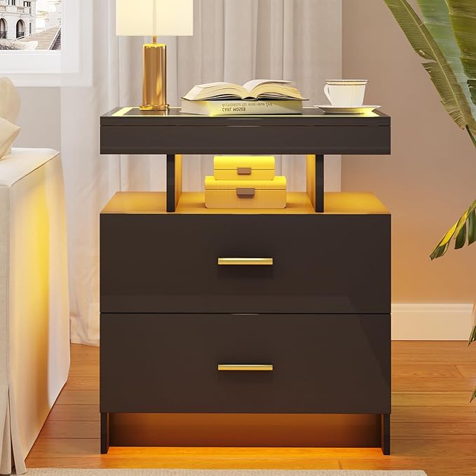 LED Nightstand Set 2 with Wireless Charging Station, Glass Top Smart Bedside