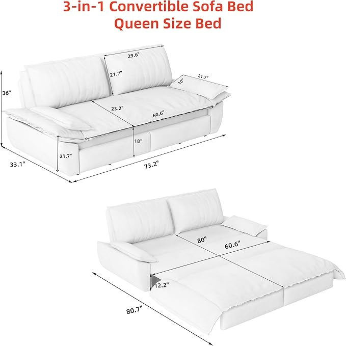 KEIKI 73.2" Queen Size Convertible Sofa Bed, 3-in-1 Pull Out Sleeper Couch