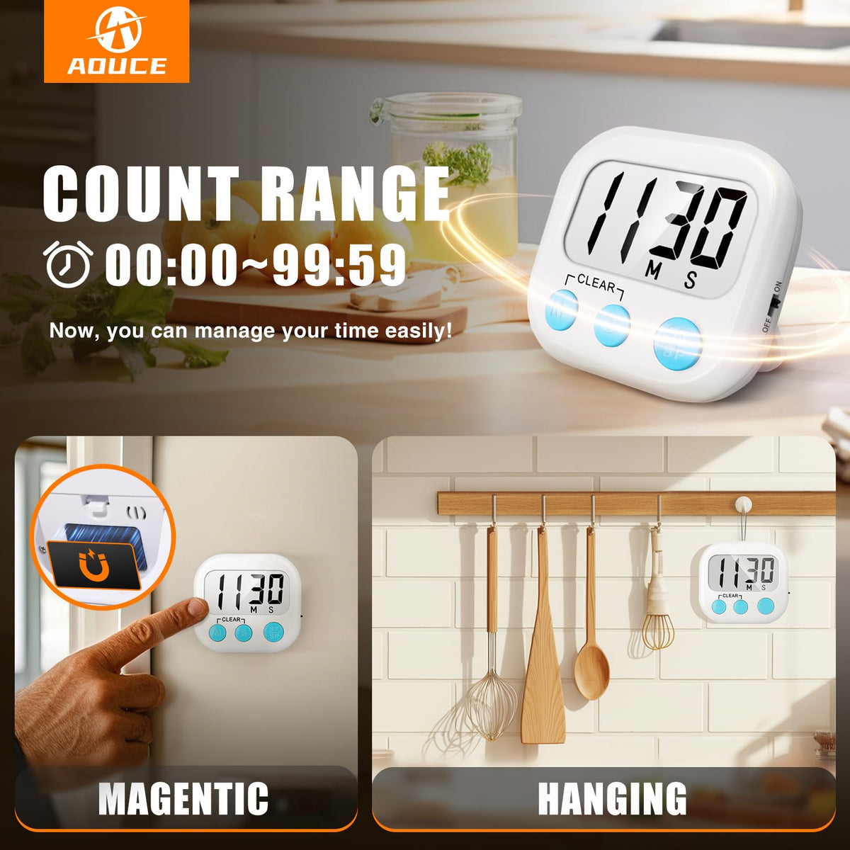 2 Pack Digital Kitchen Timer for Cooking Big Digits Loud Alarm Magnetic Backing Stand Cooking Timers for Baking White
