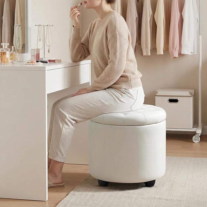 Furniliving Upholstered Button Tufted Round Ottoman, PU Storage Ottoman Round