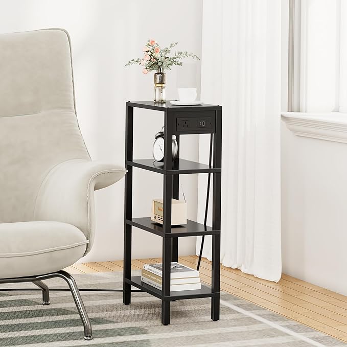 TUTOTAK Narrow Side Table with Charging Station, Small End Table with USB Ports