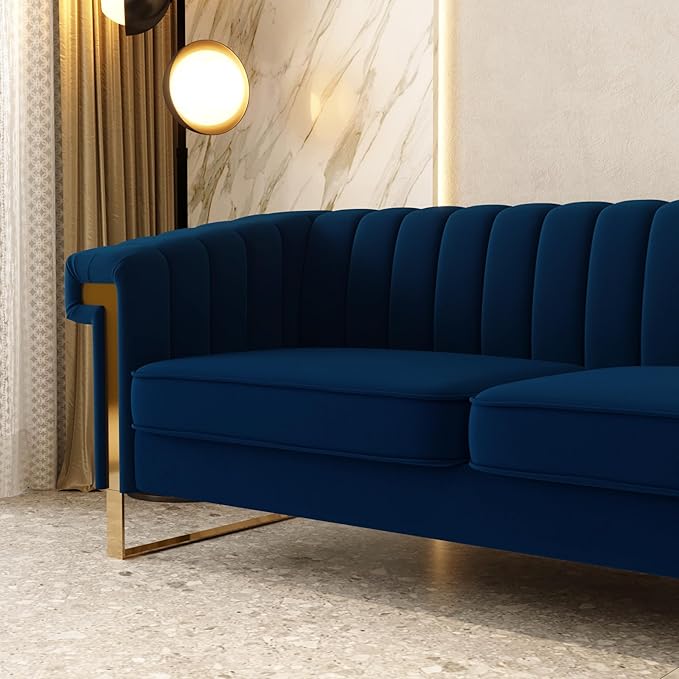 Mid-Century Modern Blue Velvet Sofa