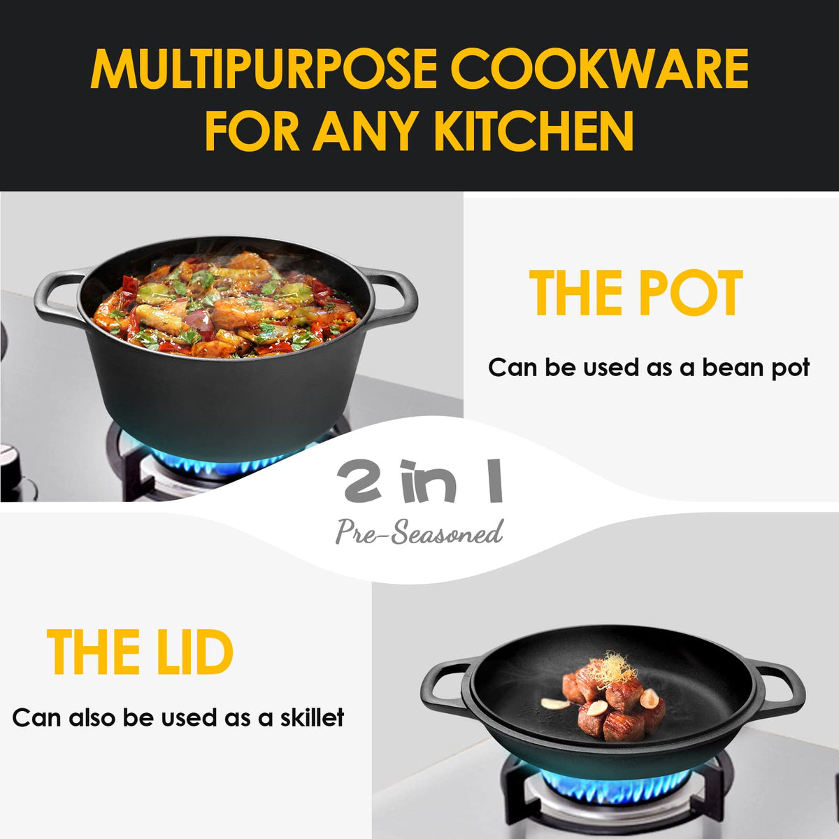 EDGING CASTING 2-in-1 Pre-Seasoned Cast Iron Dutch Oven Pot with Skillet Lid Cooking Pan, Cast Iron Skillet Cookware Pan Set with Dual Handles, Indoor Outdoor for Bread/Frying/Baking/Camping/BBQ, 5 Qt