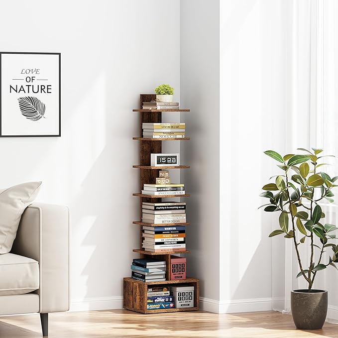 TUTOTAK Narrow Bookshelf, Vertical 8-Tier Bookcase, Spine Book Shelf