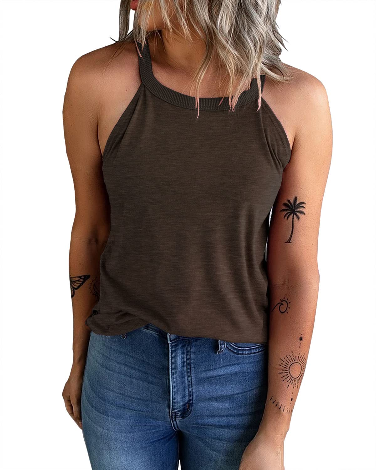 KINLONSAIR Women's Summer Sleeveless Halter Tee Shirts Crew Neck Workout Tank Tops Casual Plain Cami Shirts Coffee