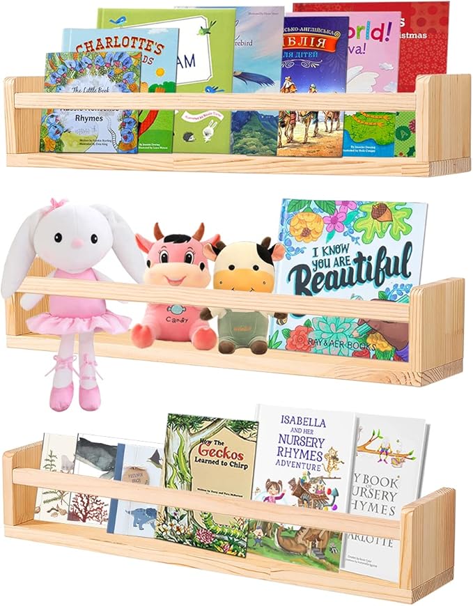 AZSKY Nursery Book Shelves 24 Inch Rustic Natural Wood Floating Shelves