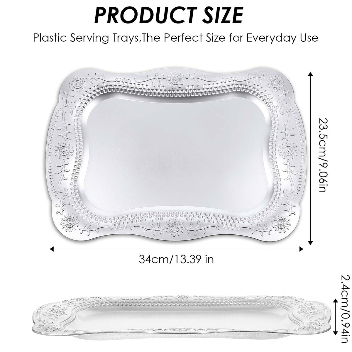 10 Pcs Plastic Serving Trays Rectangle Platters for Dessert Display Tray for Decoration Embossed Serving Platter Dish for Parties, Weddings, Engagements, Birthdays (13" x 9",Silver)