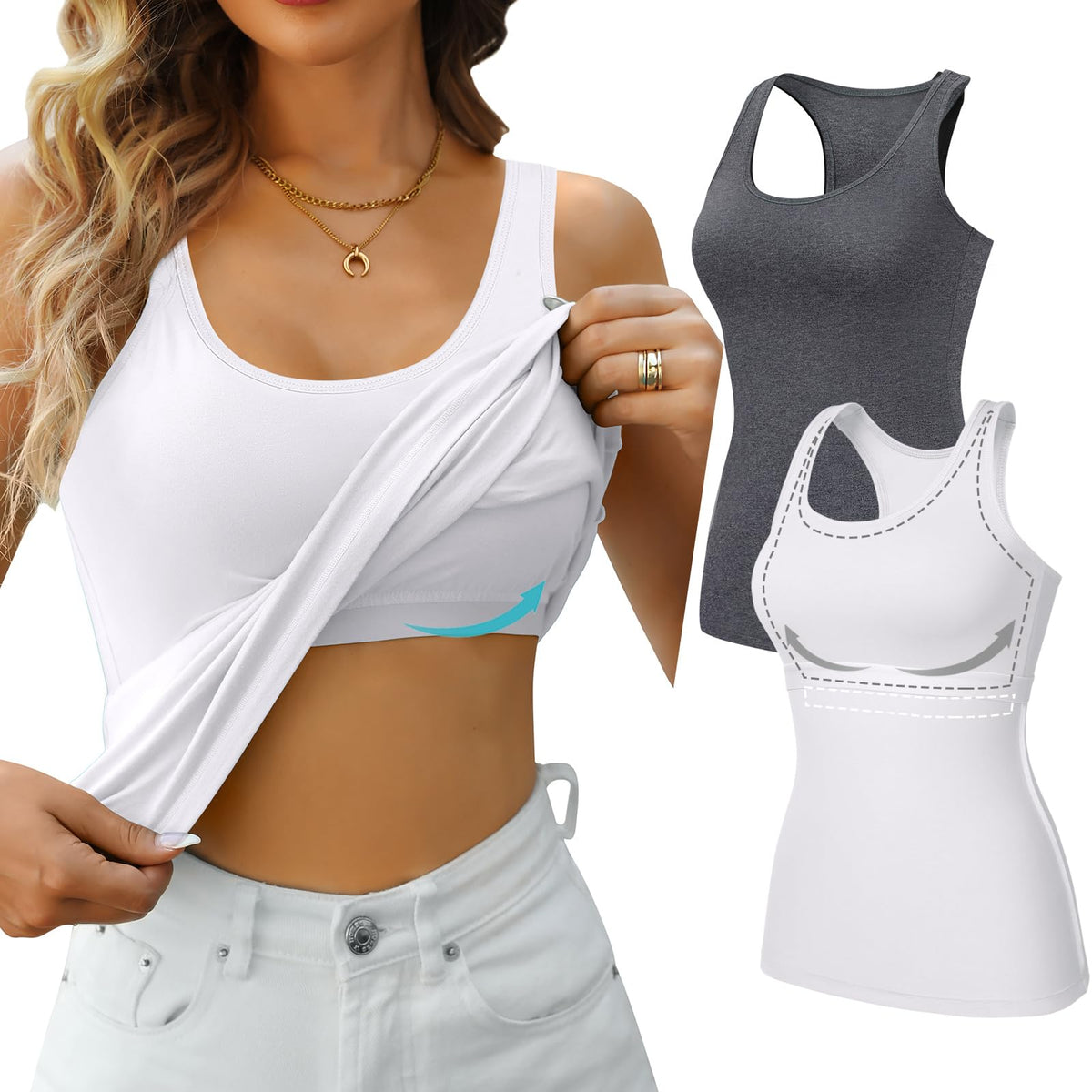 V FOR CITY Cotton Tank Tops with Built in Bra for Women Racerback Workout Camis Slim Fit Yoga Undershirt 2 Pack Gray/White M