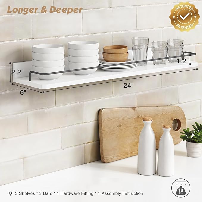 Forbena Floating Shelves for Wall 24 Inches Long, Modern White Wall Shelving