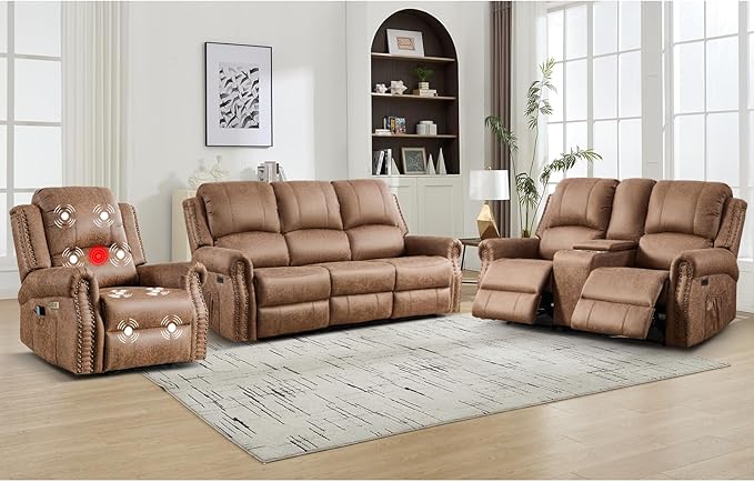 EBELLO Faux Leather Power Recliner Sofa Furniture Set, Included Electric