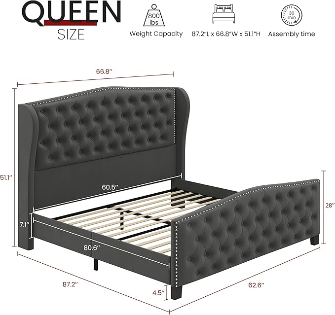 BRELTAM Upholstered Queen Size Bed Frame Velvet Tufted Platform Bed Frame
