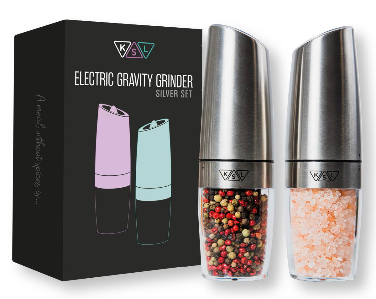 KSL Gravity Electric Salt and Pepper Grinder Set - Christmas Gift - Adjustable Motorized Electrical Powered Auto Shakers Holiday Kit - Automatic Power Mill - Automated Battery Electronic Crusher