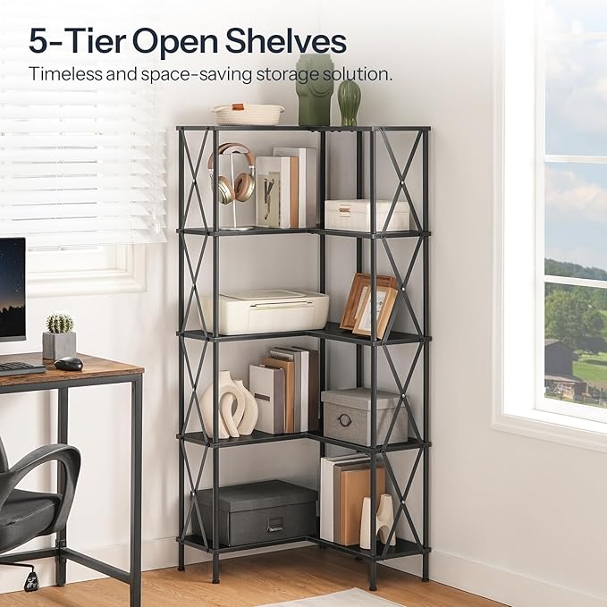 HOOBRO Corner Bookshelf, 5-Tier L-Shaped Bookcase, Industrial Open Display