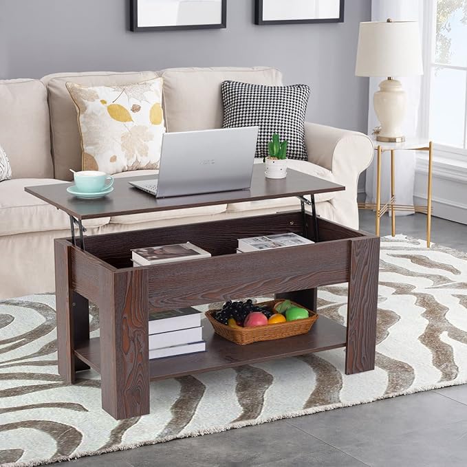 FDW Lift Top Coffee Table with Hidden Compartment and Storage Shelf Wooden Lift