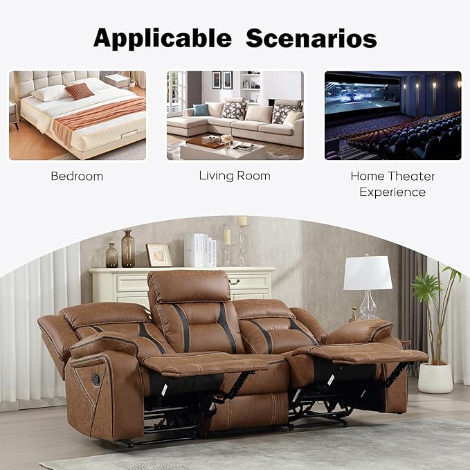 EBELLO Faux Leather Manual Reclining Sofa, 3 Seat Recliner Sofa Chair, Couch