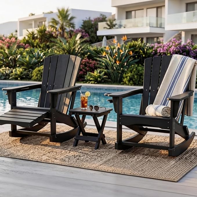 Adirondack Rocking Chair with Retractable Ottoman, Outdoor Folding Adirondack