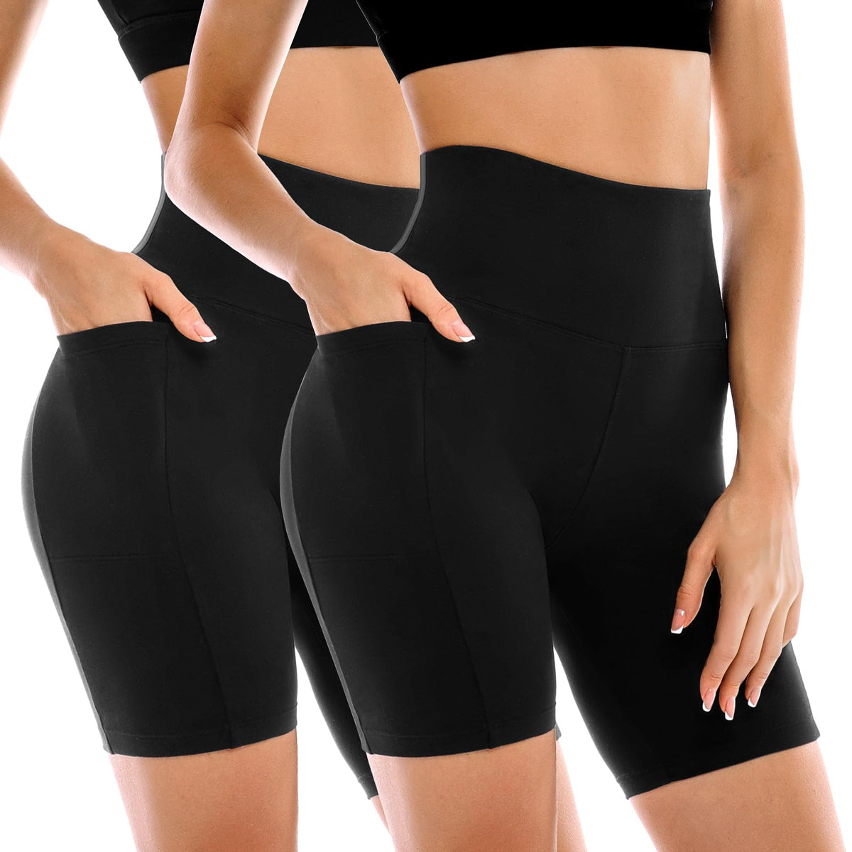 Leafigure 2 Pack Womens Biker Shorts with Pockets, High Waisted Tummy Control Yoga Shorts for Women Running Gym and Workout Black XXL