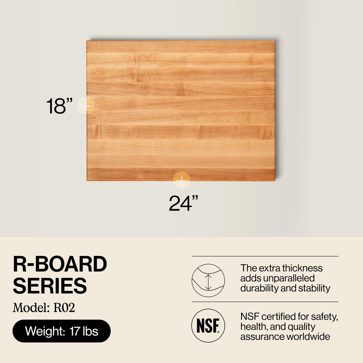John Boos R-Board Series Rectangular Wooden Maple Cutting Board 24”x18” – 1.5” Thick, 18-lb Reversible Butcher Block with Edge-Grain & Finger Grips – Made in the USA