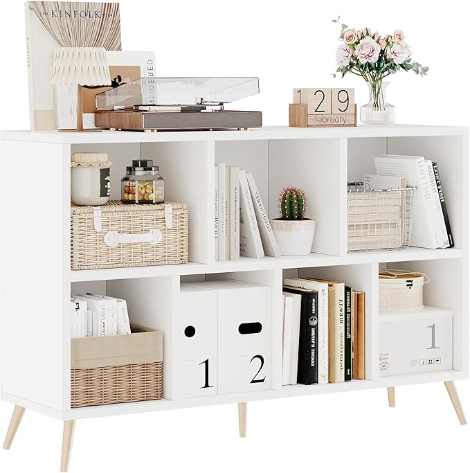 7-Cube Storage Organizer with Natural Wood Legs, Mid-Century Modern Bookcase