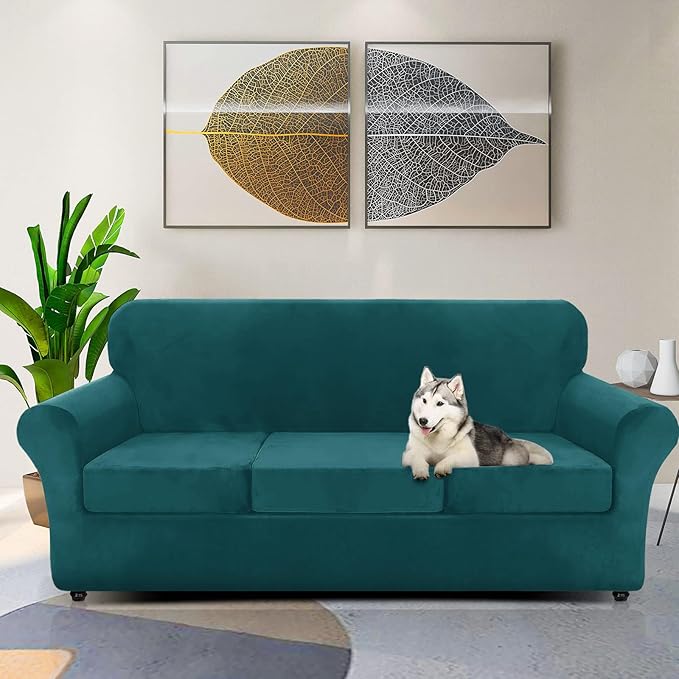 ZNSAYOTX Luxury Velvet Couch Cover 4 Piece Stretch Sofa Covers
