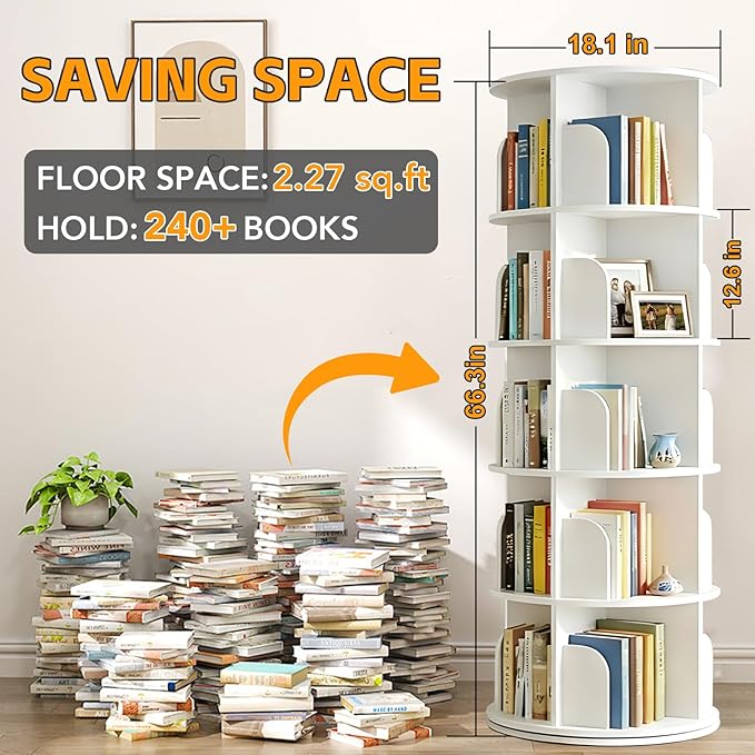 RUNSUNSPRI 5 Tier Rotating Bookshelf Tower, Spinning Bookshelf, Revolving 360°