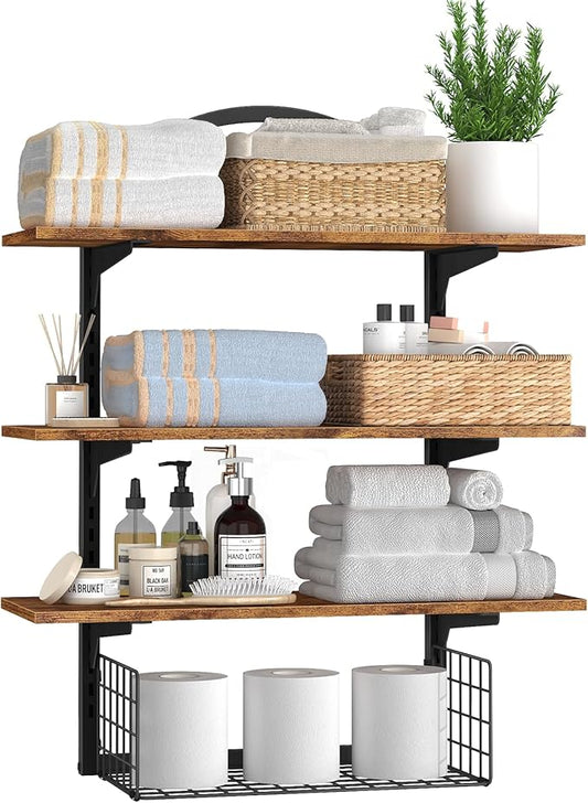 3 Tier Floating Shelf with Storage Baskets, Wall Mounted Bathroom Shelves Over