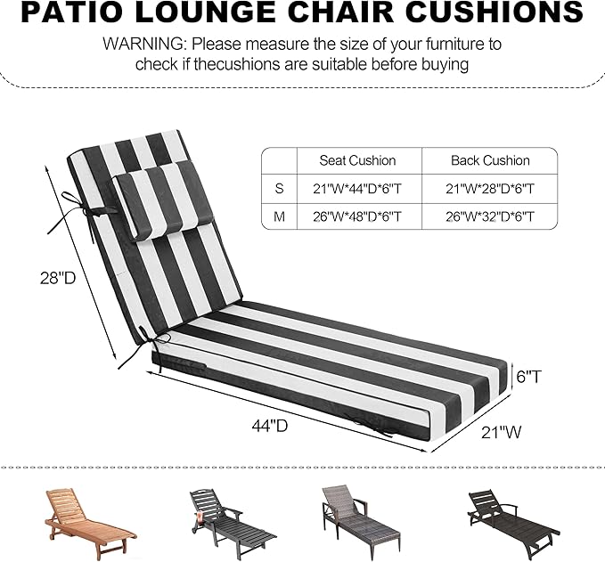 Chaise Lounge Cushions Outdoor 72x21x6 Inch, Fade Resistant 6'' Thicken Outdoor