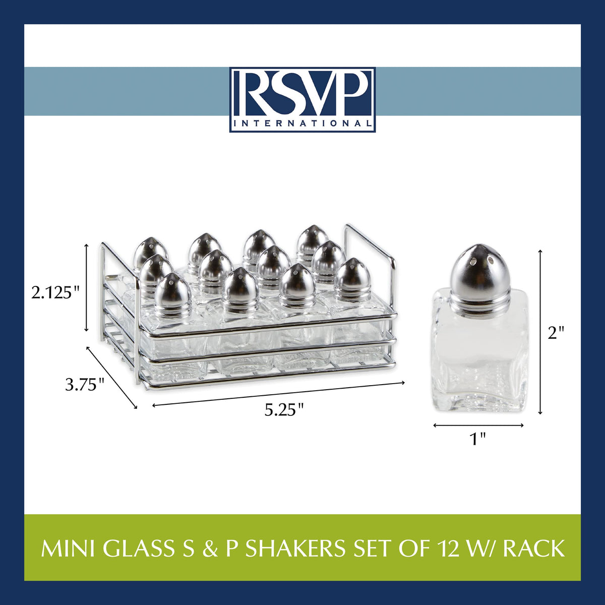 RSVP International Mini Glass Salt & Pepper Set Holder Included, 12 Shakers, Chrome and Stainless Steel