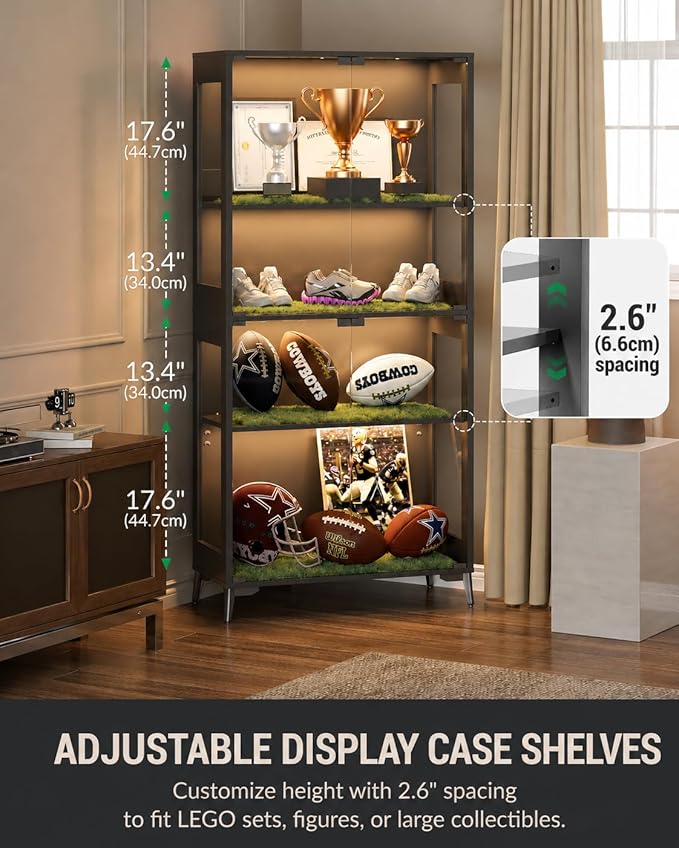 Glass Display Cabinet with Doors, 4-Tier Display Case with Adjustable Shelves