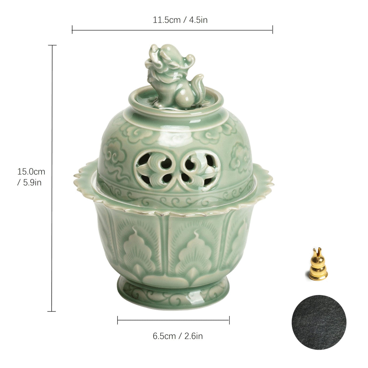 Zen-Style Incense Burner (Celadon), Ceramic Incense Holder Featuring a Lion Sculpture, Adorned with Cloud Patterns and a Buddha Light Decoration, Elegant Chinese Incense Burner for Home Décor (Green)