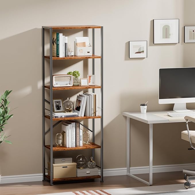 Furologee 6 Tier Book Shelf, Tall Wide Bookshelf, Industrial Open Bookcase