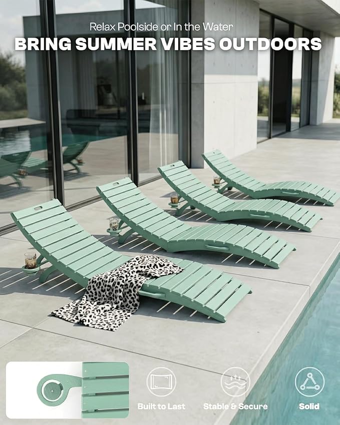 Folding HDPE Pool Lounge Chairs Set of 6, Pre-Assembled Outdoor Chaise Lounge