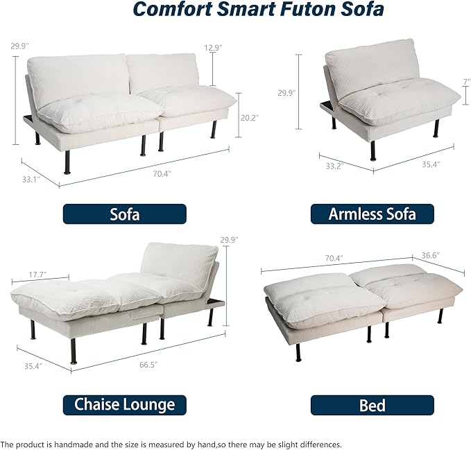 Ribilake 3 Sets 70" Futon Sofa Bed, 4 in 1 Multi-Function Couch Sleeper