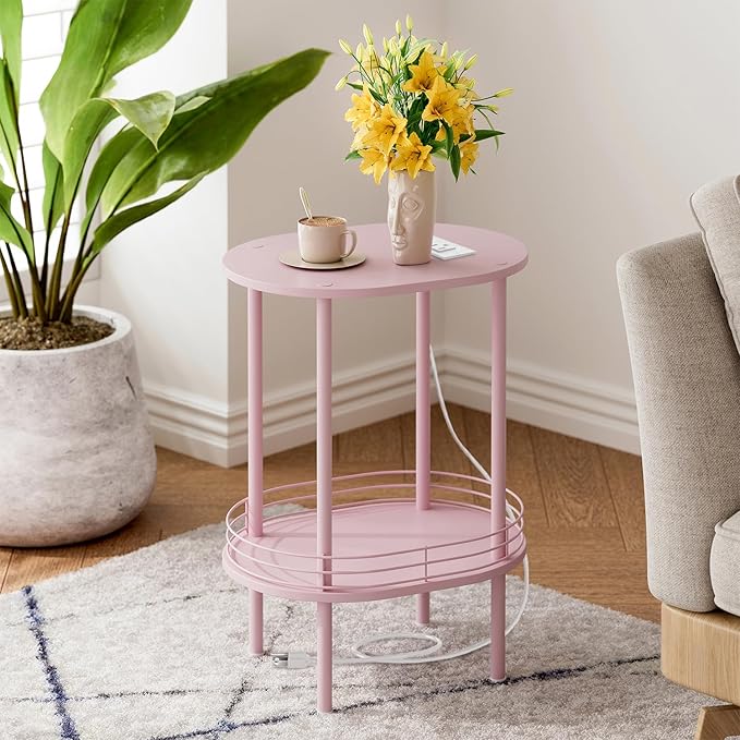 DGSANDGO Pink Side Table with Charging Station, Side Tables Living Room