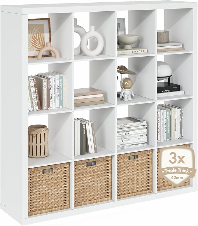 Furinno Cubicle Book Shelf, 16-Cube Bookshelf, Triple Thick Frame Cube Storage