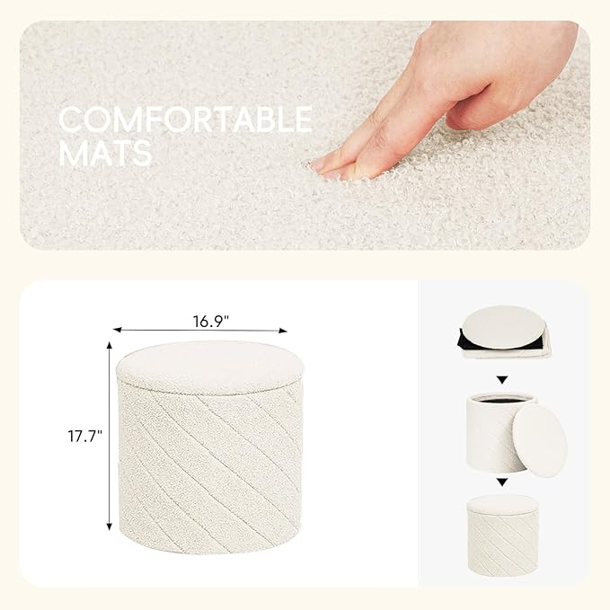 PINPLUS Ottoman with Stroage Round Boucle Ottoman and Tray Sherpa Removable