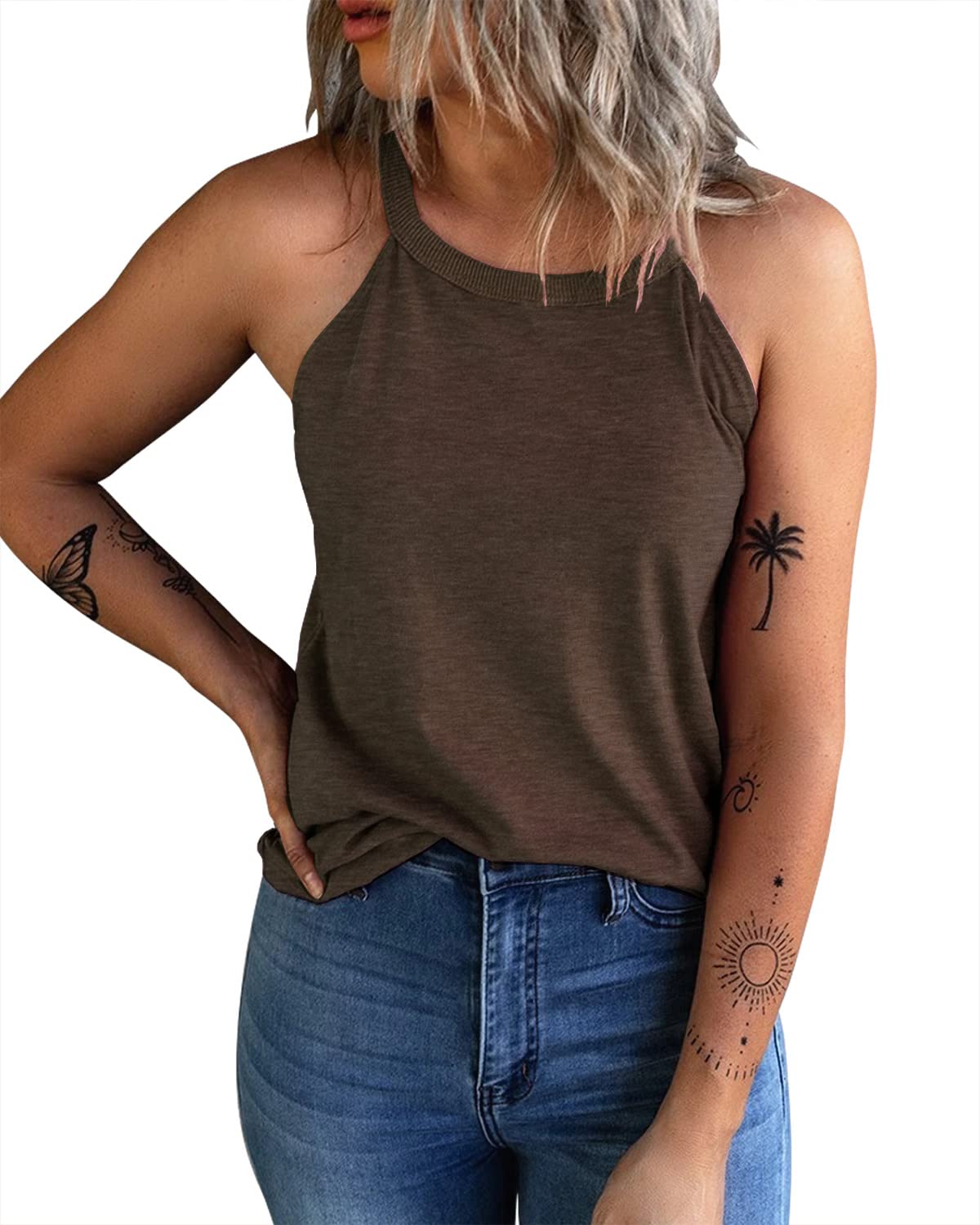 KINLONSAIR Women's Summer Sleeveless Halter Tee Shirts Crew Neck Workout Tank Tops Casual Plain Cami Shirts Coffee
